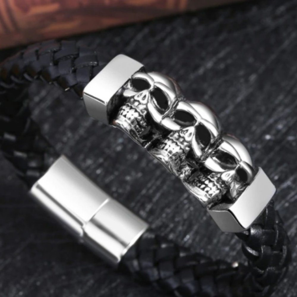 Handmade Vintage Titanium Steel Skull Leather Silver Bracelet Chain Charm Ban…